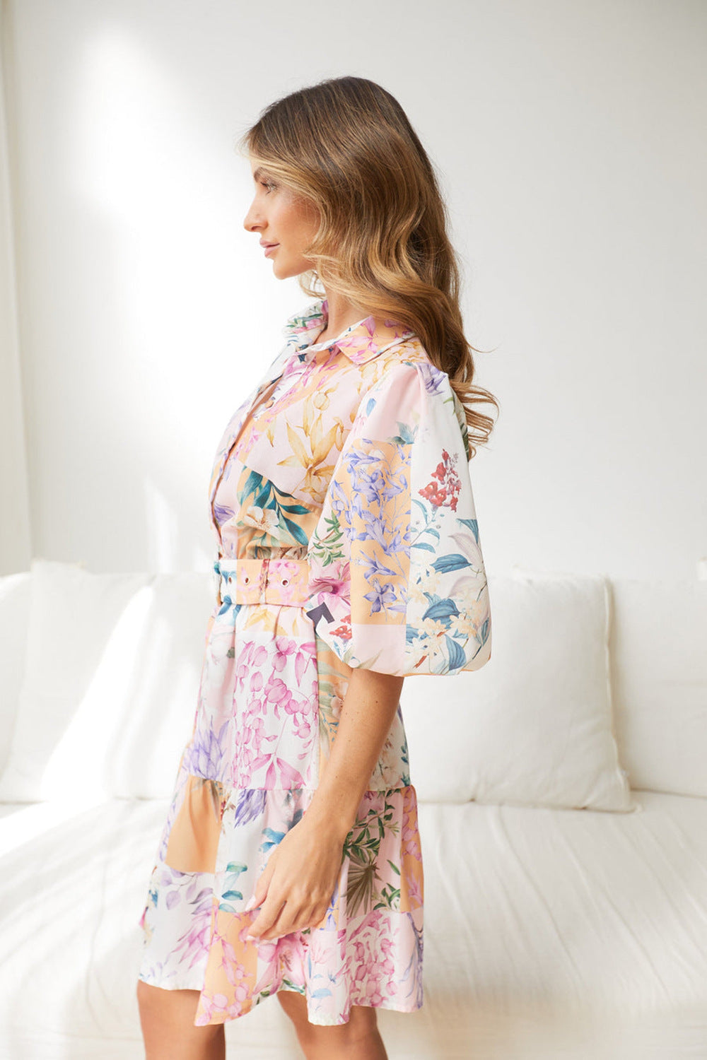 Bohemian Printed Short Skirt Lantern Short Sleeved Belt Single Breasted A-Line Dress