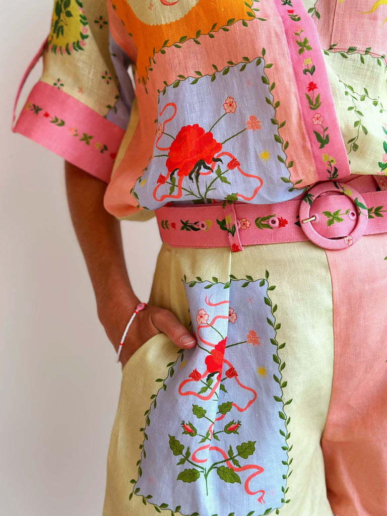 Elegant Floral Linen Shorts Set with 3D Patterns