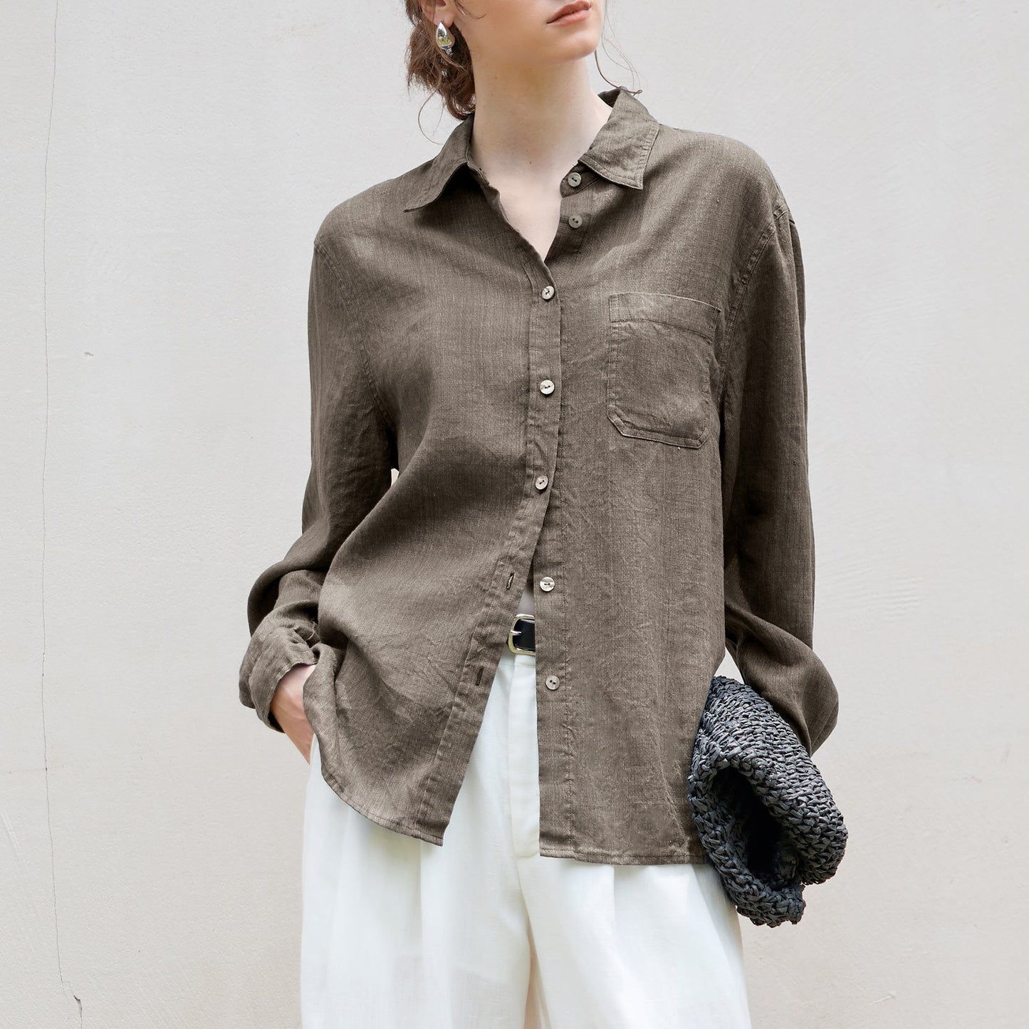 Elegant Linen Long Sleeve Shirt for Women in Solid Colors