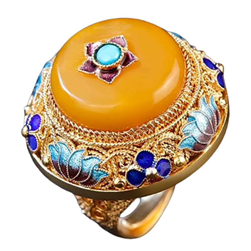 Handmade Silver Flower Silk Inlaid With Topaz Honey Wax S925 Silver Ring Retro Palace Gilded Gold Big Thumb Ring