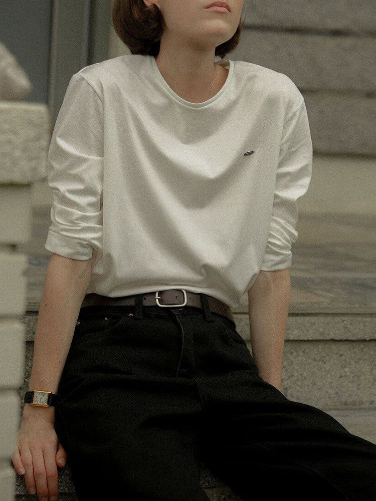 Premium Cotton Long Sleeve Crew Neck T-Shirt with Metal Badge