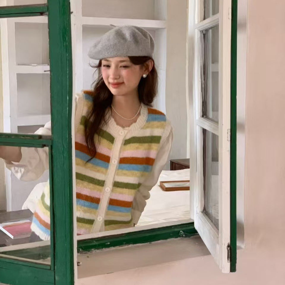 Rainbow Stripe Knit Vest for Women Soft Casual Sleeveless Cardigan