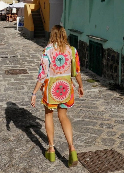 Graphic Sun Print Puff Sleeve Cotton Set