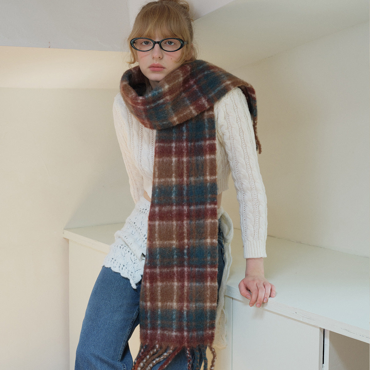 Vintage Plaid Scarf Soft Wool Blend for Women