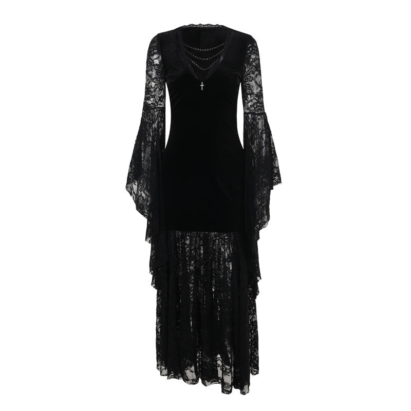 Elegant V Neck Velvet Dress With Lace Detail