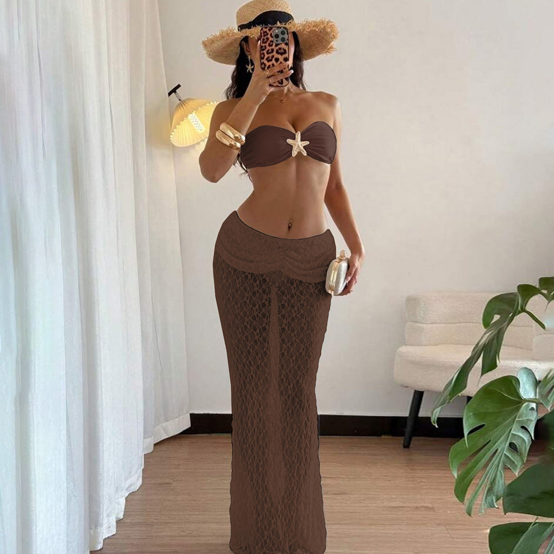 Sexy Strapless Lace Maxi Dress Two-Piece Set
