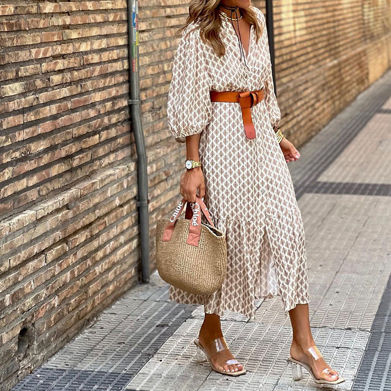 Fall/Winter New Fashion Belt Print V-Neck Simple Temperament Long Dress