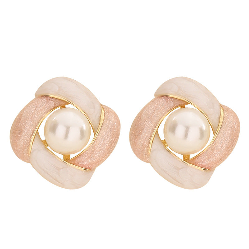 Elegant French Enamel Drip Glaze Floral Pearl Stud Earrings