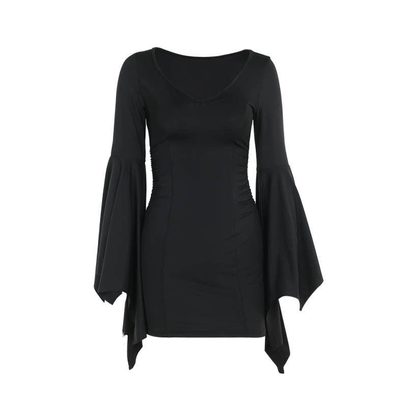 Dark Elegance Slim-Fit Batwing Sleeve Mini Dress