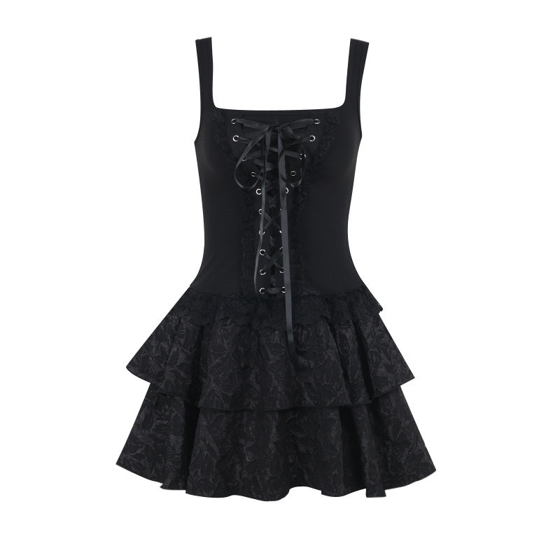 Black Sleeveless Bodycon Mini Dress with Square Neck and Lace Up Details