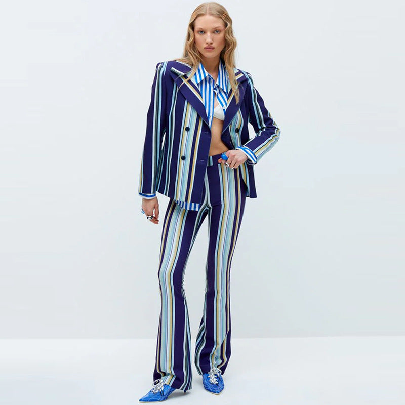 Colorful Striped Suit Jacket and Flared Pants Set