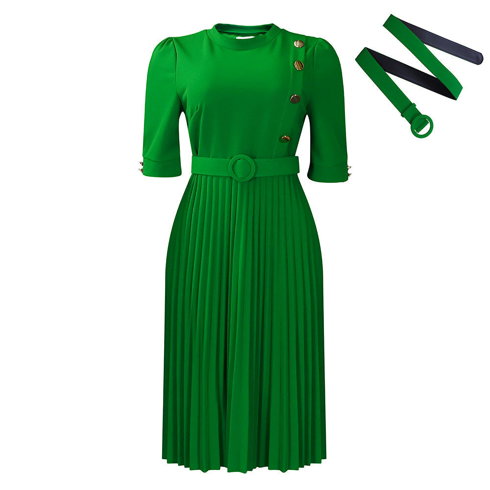 Elegant Solid Color Pleated Button Dress With Belt