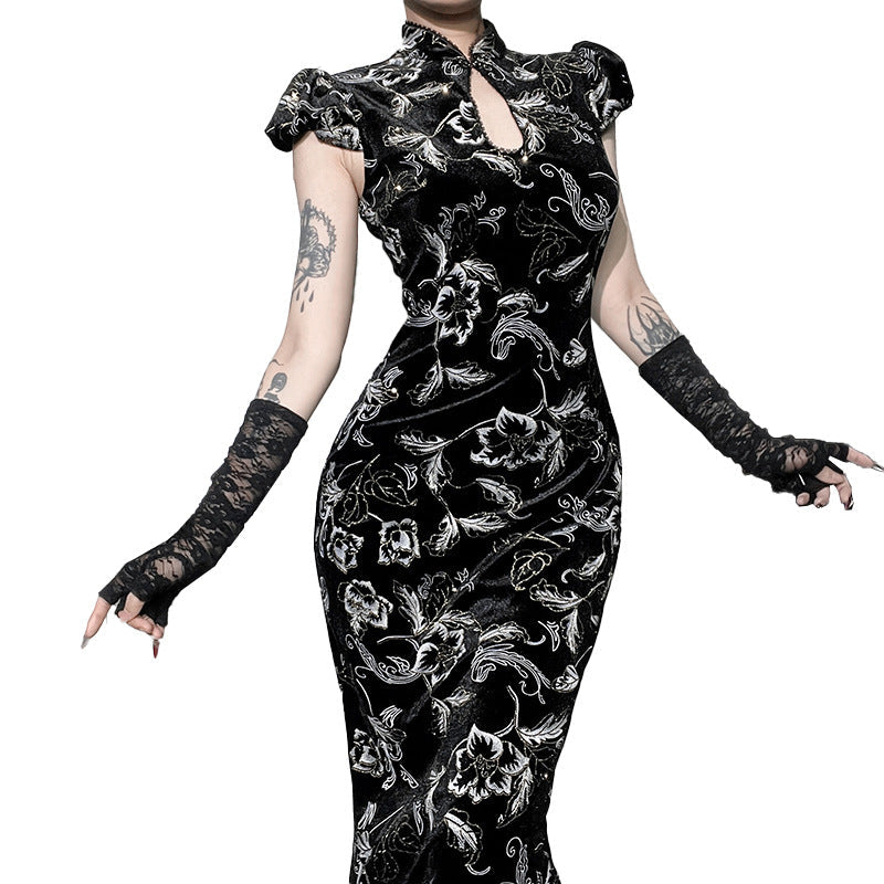 Elegant Chinese Style Qipao Dress with Gold Detailing