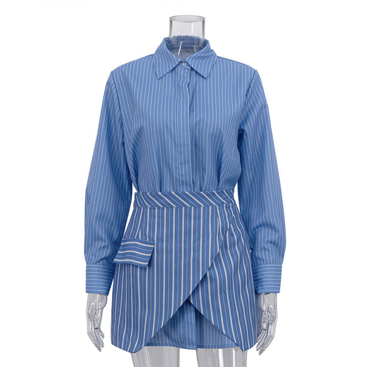 Fashionable Striped Two-Piece Skirt Set with Long Sleeve Shirt