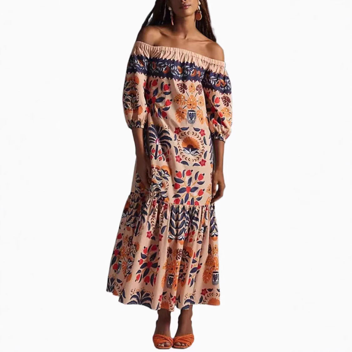 Retro Floral Off-Shoulder Pocket Maxi Dress for Women