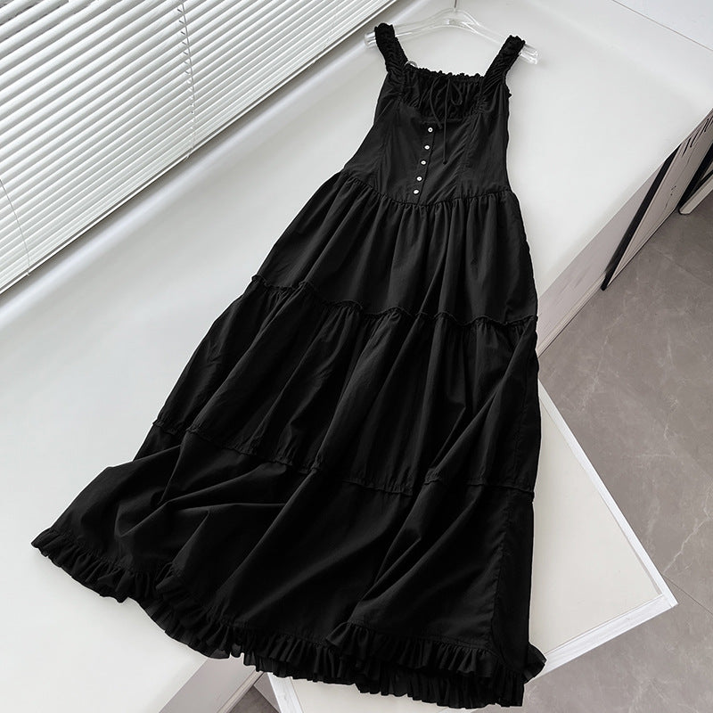 New Lazy Resort Style Pleated Front Cuff Design Extra-Long Dress Goddess Skirt Swing Skirt