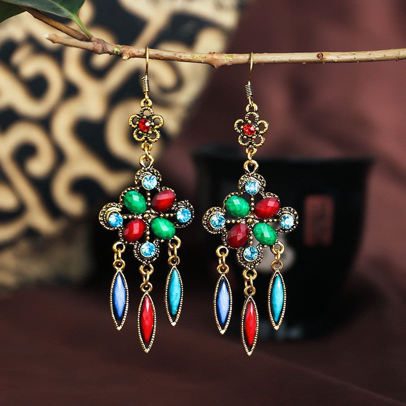New Vintage Ethnic Accessories Diamond-Shaped Hole Blue Cutout Long Fringed Earrings With Women'S Diamond-Set Alloy Earrings