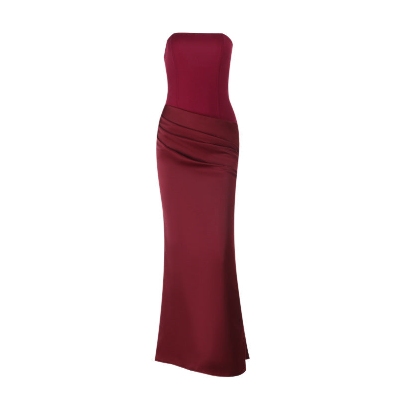 Burgundy Bodycon Dress with Backless Design and Satin Details