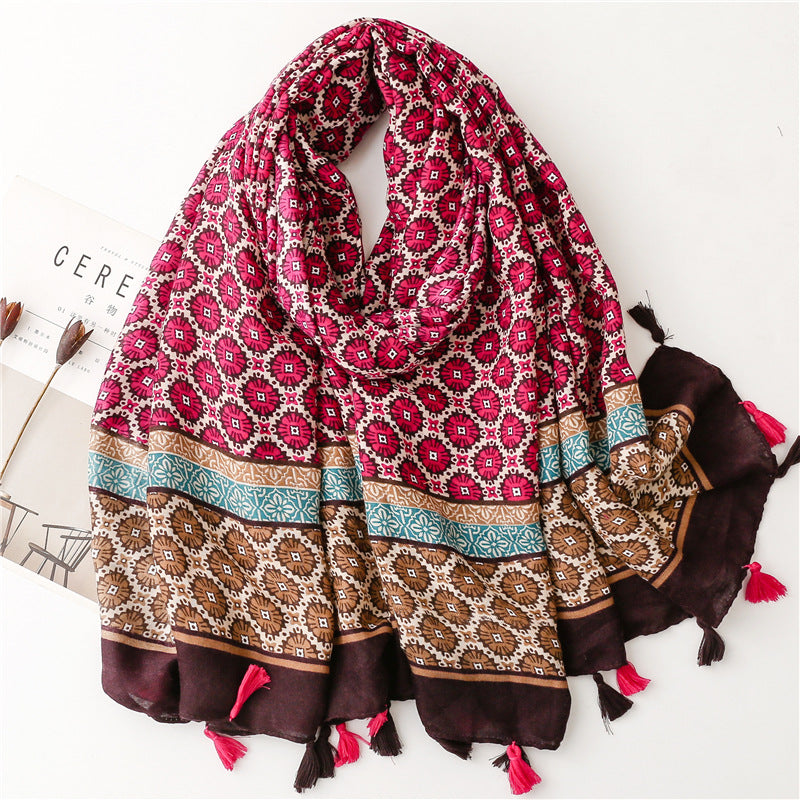 Autumn And Winter Thickened Warmth Scarf Satin Cotton Positioning Copper Money Grass Braided Silk Scarf Cotton Hemp Hand Feel Sunscreen Shawl