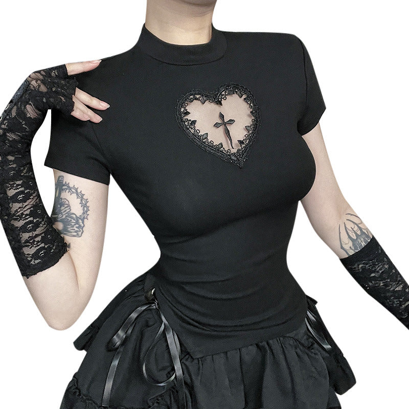 Cross Design Cut-Out Fitted Crop T-Shirt
