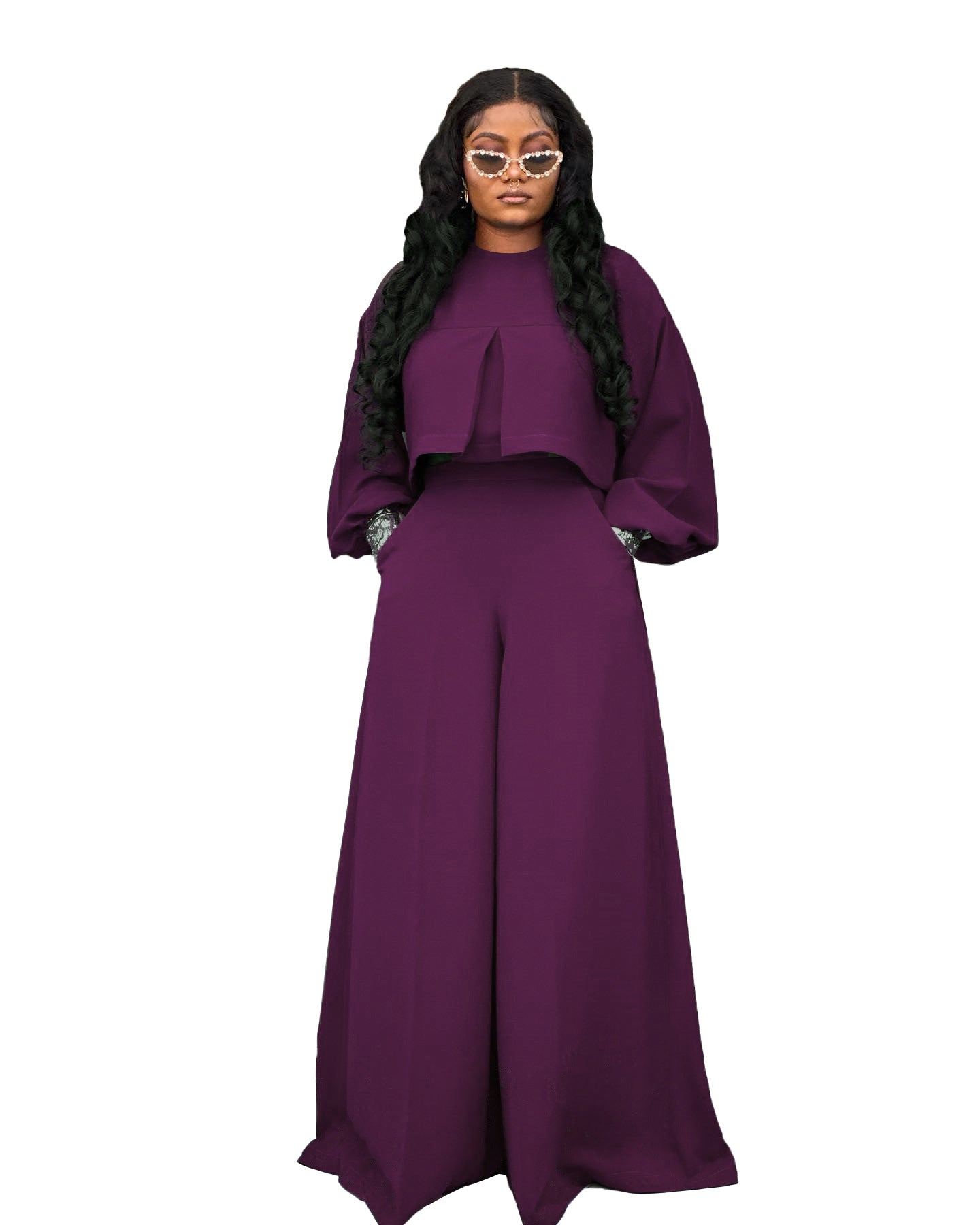 Casual Lantern Sleeve Top And Wide Leg Pants Set
