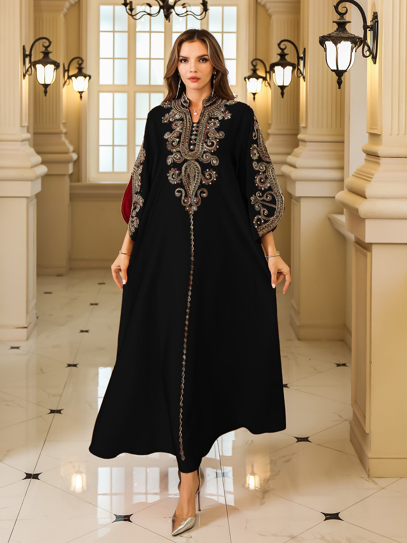 Embroidered Long Abaya Dress with Rope Embroidery