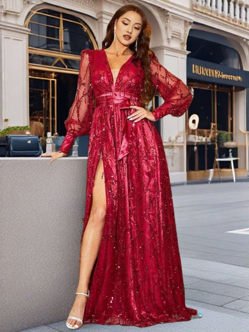 Elegant V-Neck Sequin Maxi Dress Party Gown