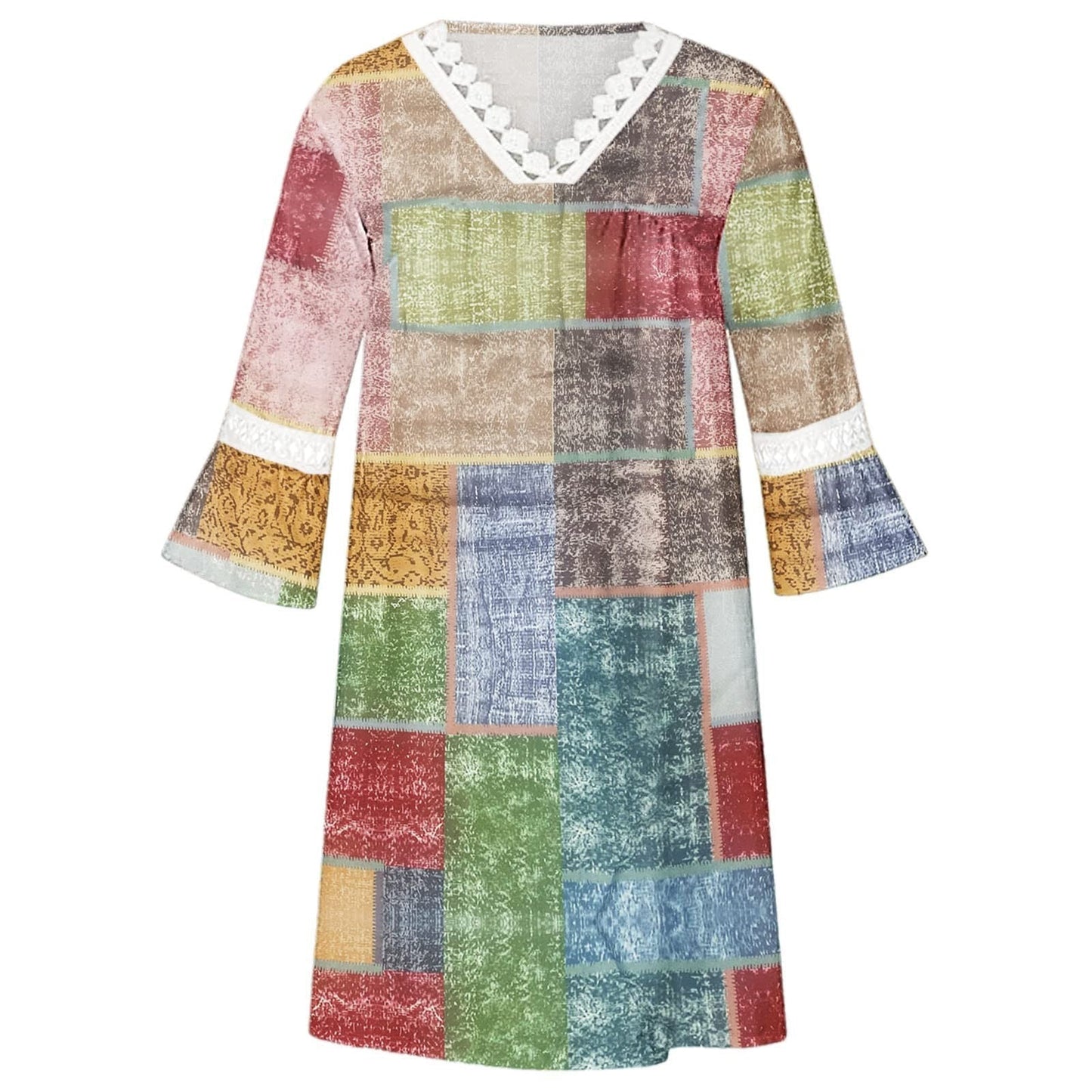 V-Neck-Print Lace Panels, Bohemian Casual Resort-Inspired Dress