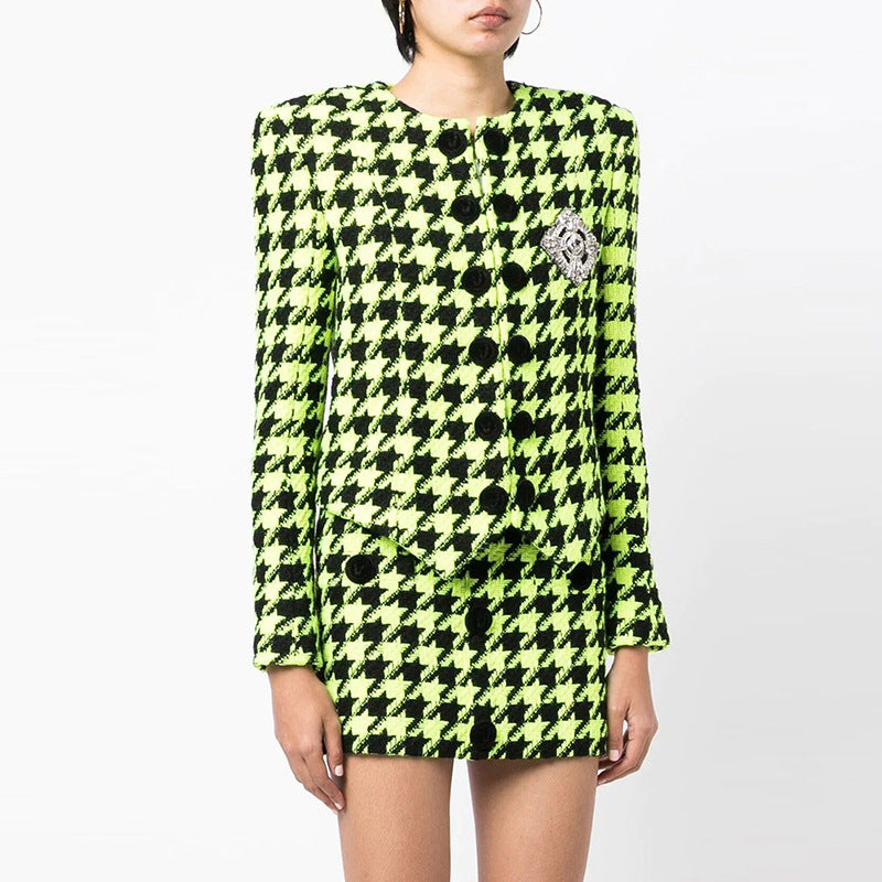 Fluorescent Green Houndstooth Jacket with Logo Embellishments
