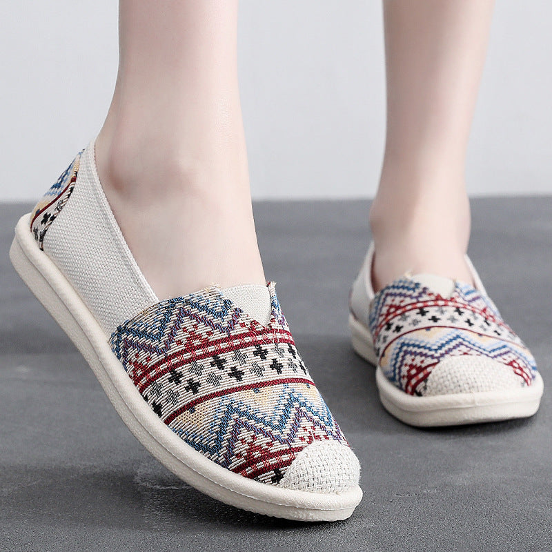 Ethnic Stripe Cloth Shoes Breathable Flat Sole Women'S Single Shoes With One Step Lazy Canvas Shoes