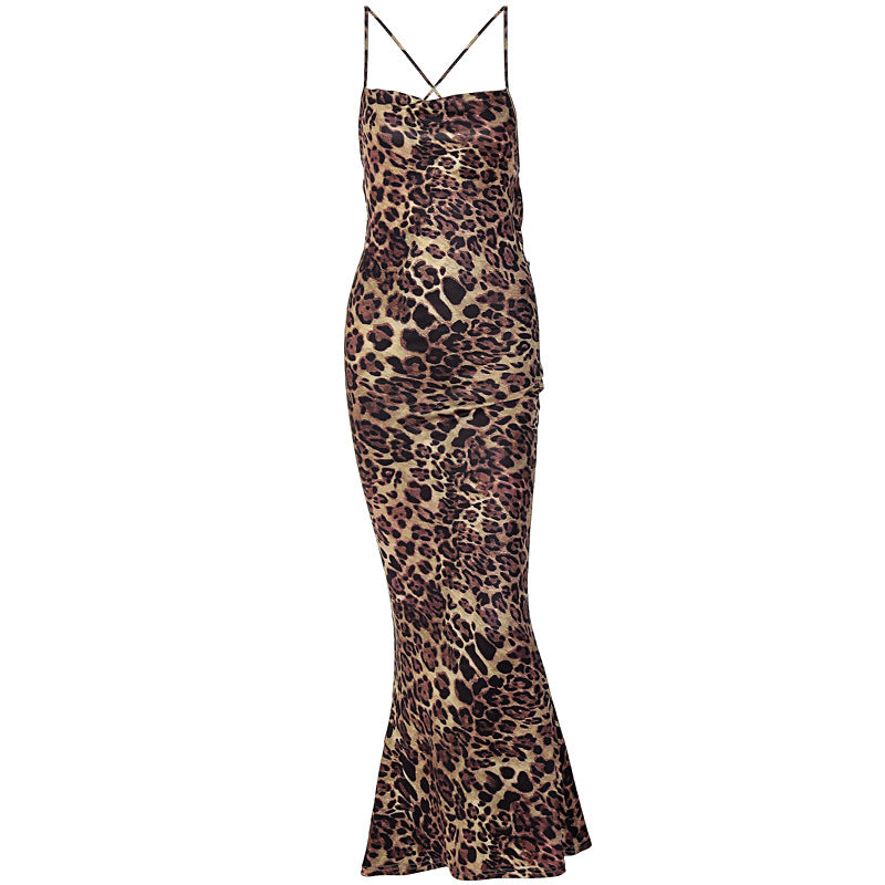 Leopard Print Backless Bodycon Midi Dress