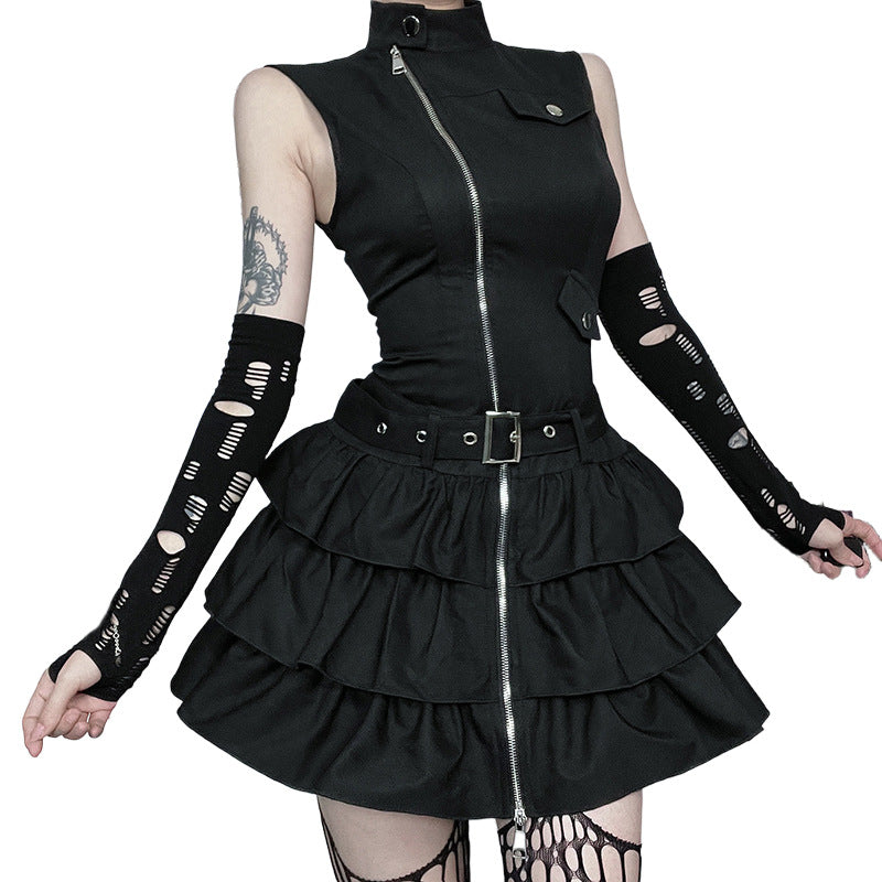 Gothic Style Zipper Mini Skater Dress for Women