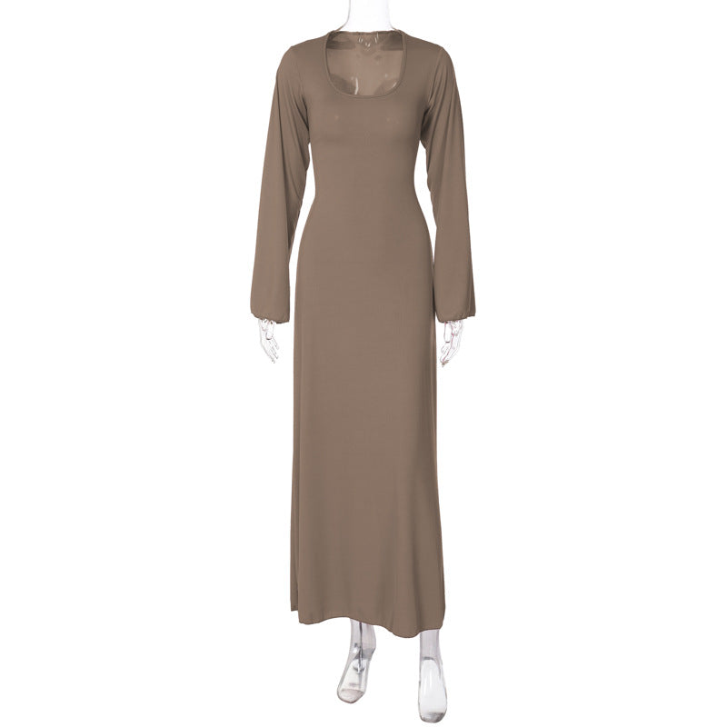 Trendy Casual U-Neck Long Sleeve Dress with Back Tie