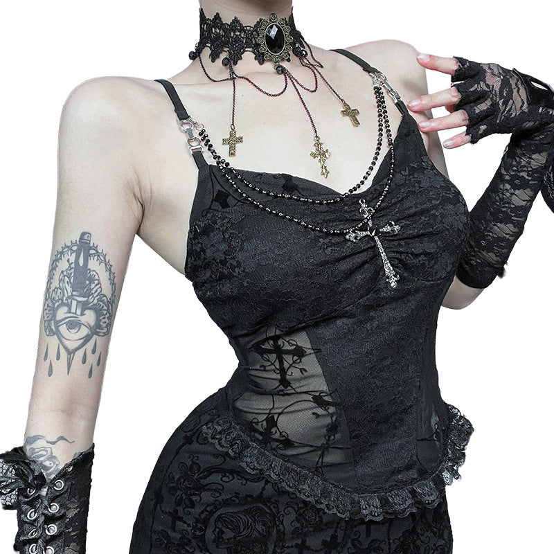 Gothic Style Detachable Chain Strap Top<br>Sleek Black Tank Top