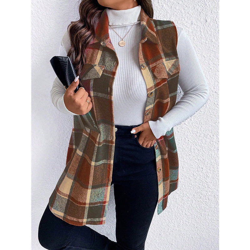 Checkered Sleeveless Vest Casual Loose Women'S Coat