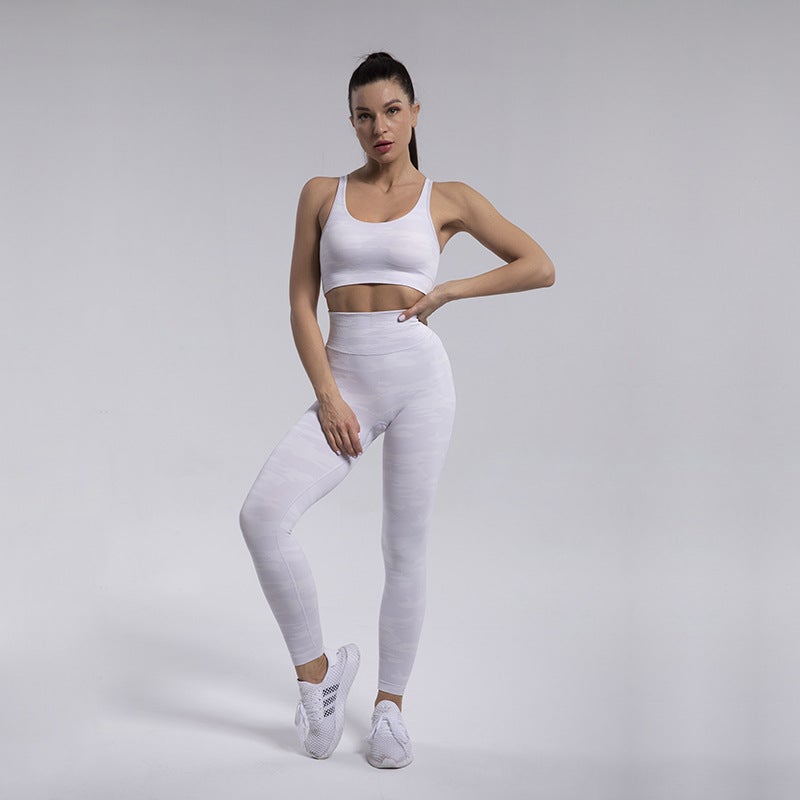 Seamless Knitted Camouflage Yoga Wear Women'S Sports Bra Beauty Back Sweat-Absorbent Running Pants Suit