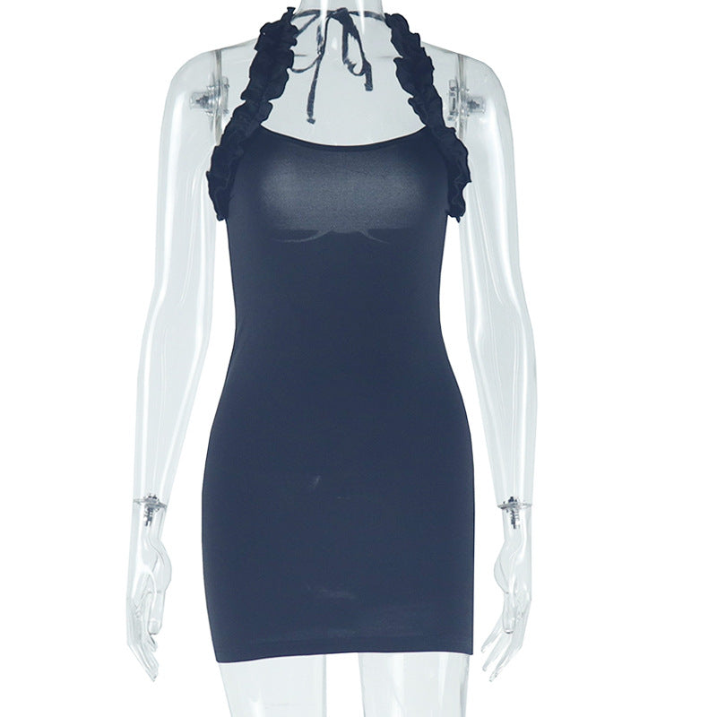 Solid Color Ruffled Midi Dress Sexy Backless Sleeveless Dress
