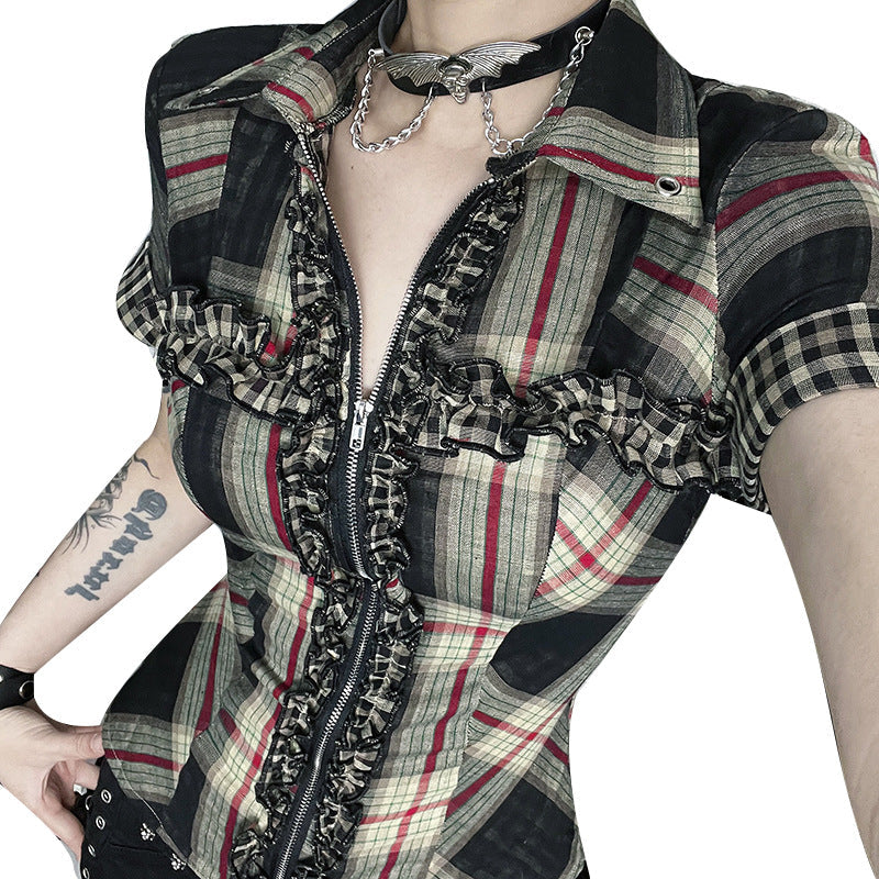 Women's Checkered Cotton Shirt Casual Dark Aesthetic Top