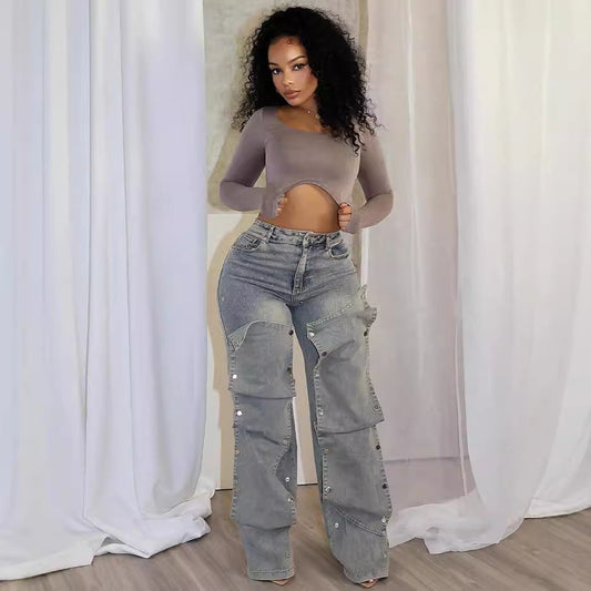 Trendy High-Waisted Straight Leg Jeans With Detachable Buttons