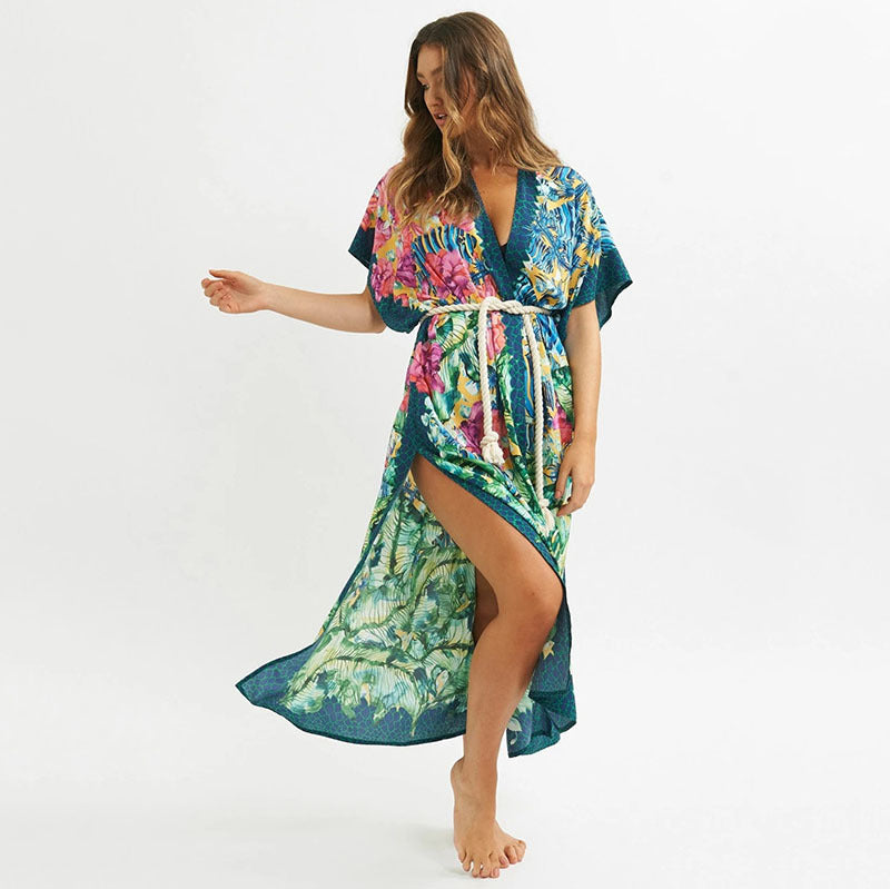 Polyester Green Printed Beach Blouse Sexy Cardigan Loose Sun Protection Bikini Blouse