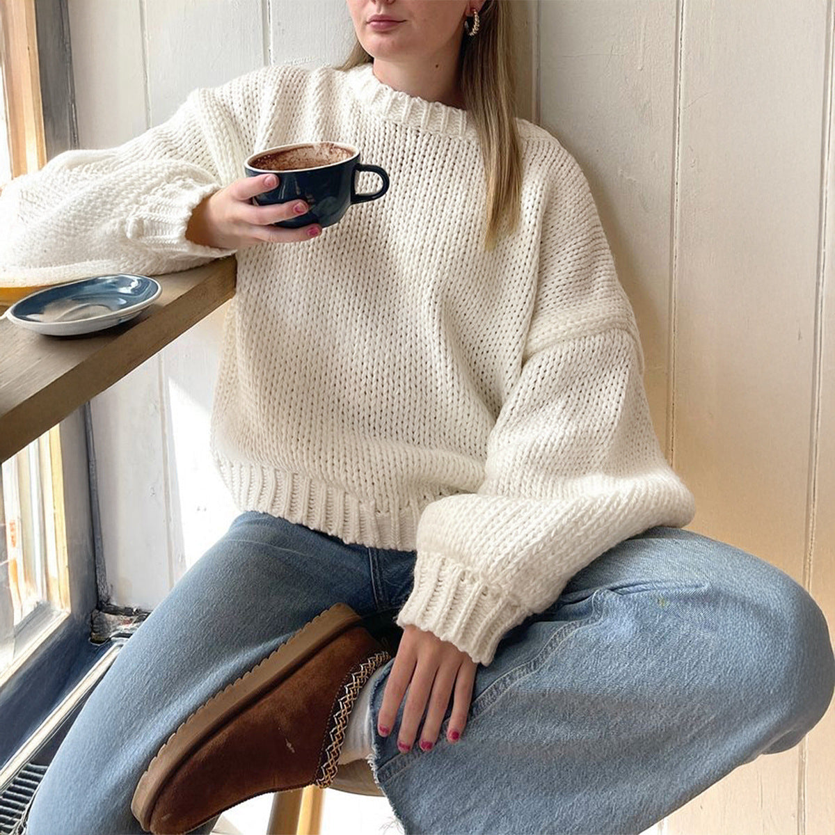 Casual Loose Fit Round Neck Long Sleeve Sweater for Women
