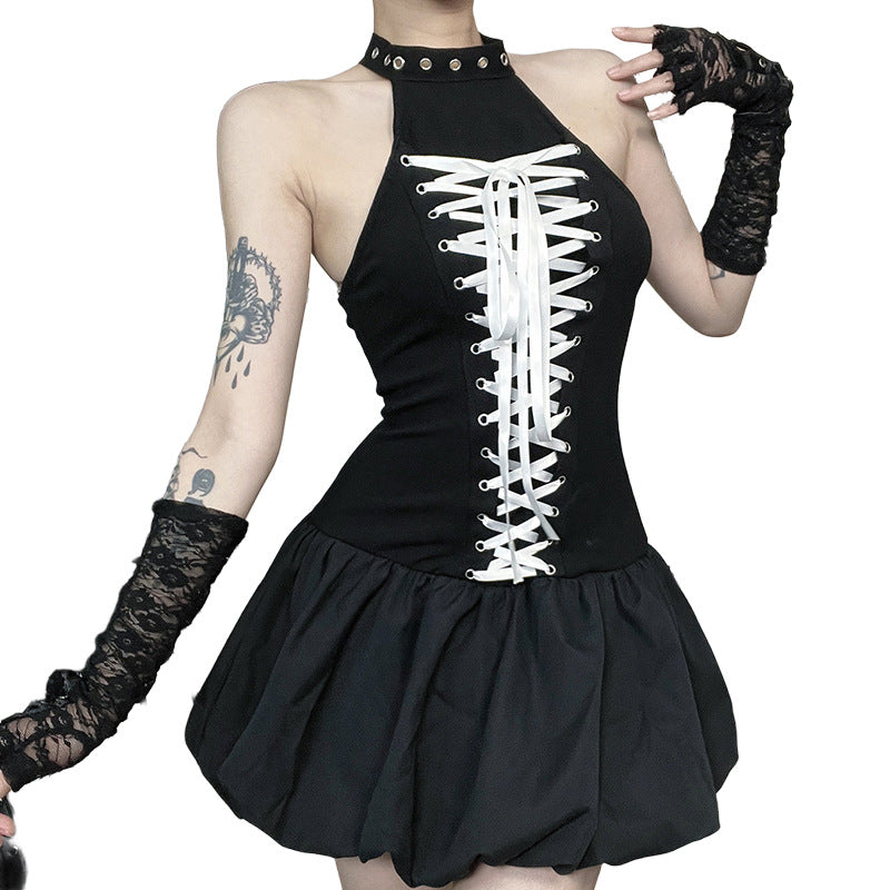 Black Goth Style Halter Neck Tie Back Mini Dress