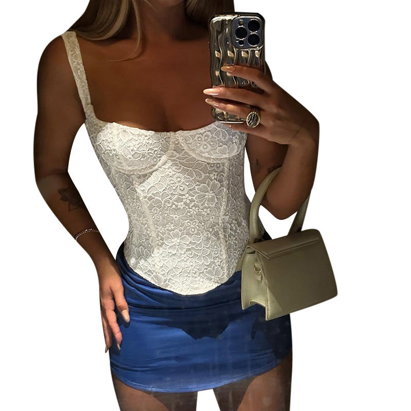 Lace Bodice Fitted Top Elegant Strapless Women's Shirt