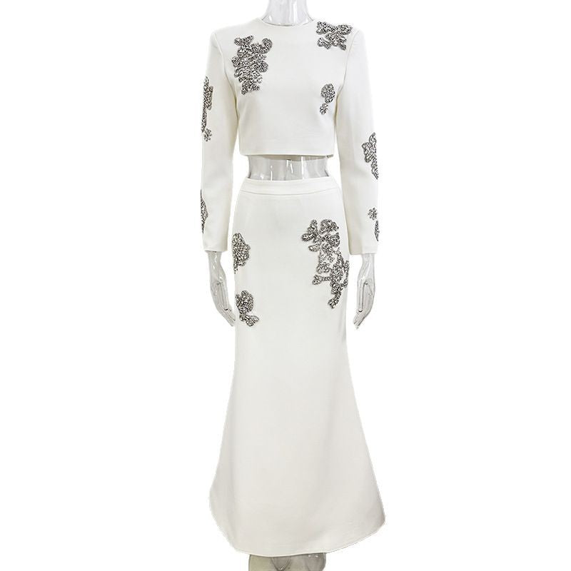 New Trendy Beaded Crop Top & Long Skirt Set
