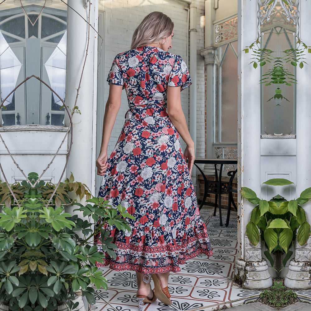 Womenswear Print Slim Dress Short Sleeves V-Neck Long Skirt
