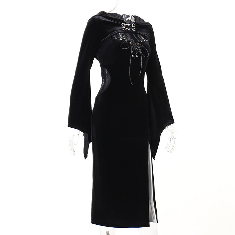 Dark Aesthetic Hooded Bell Sleeve Spider Web Dress