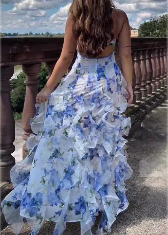 Floral Ruffle Maxi Dress Lightweight Blue Fabric