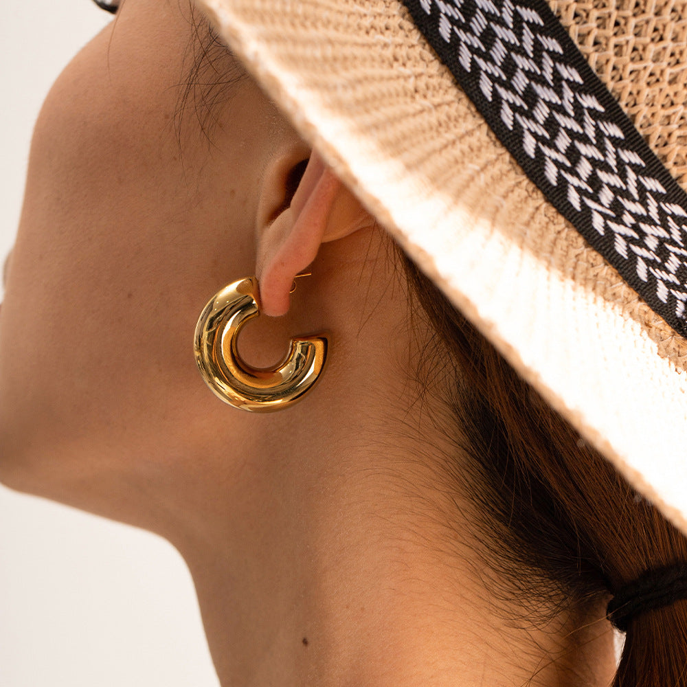 Gold Plated Stainless Steel Hollow C Hoop Earrings