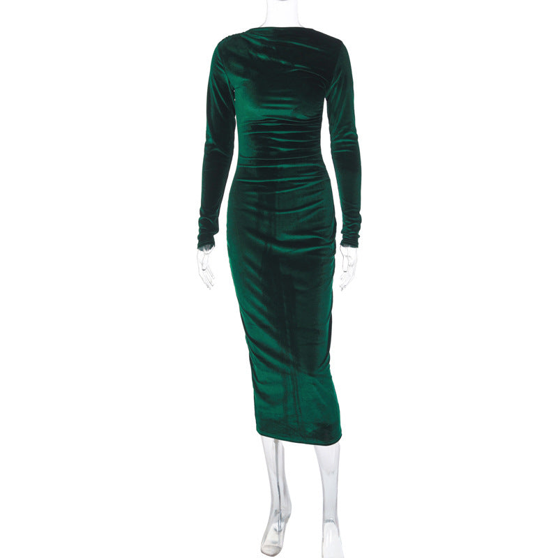 Elegant Solid Color Long Sleeve Dress with Ruching