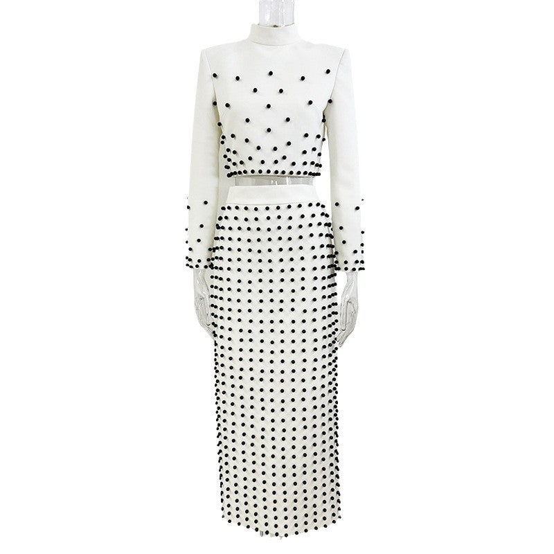 Trendy Pearl Beaded Short Sleeve Top & Long Skirt Set
